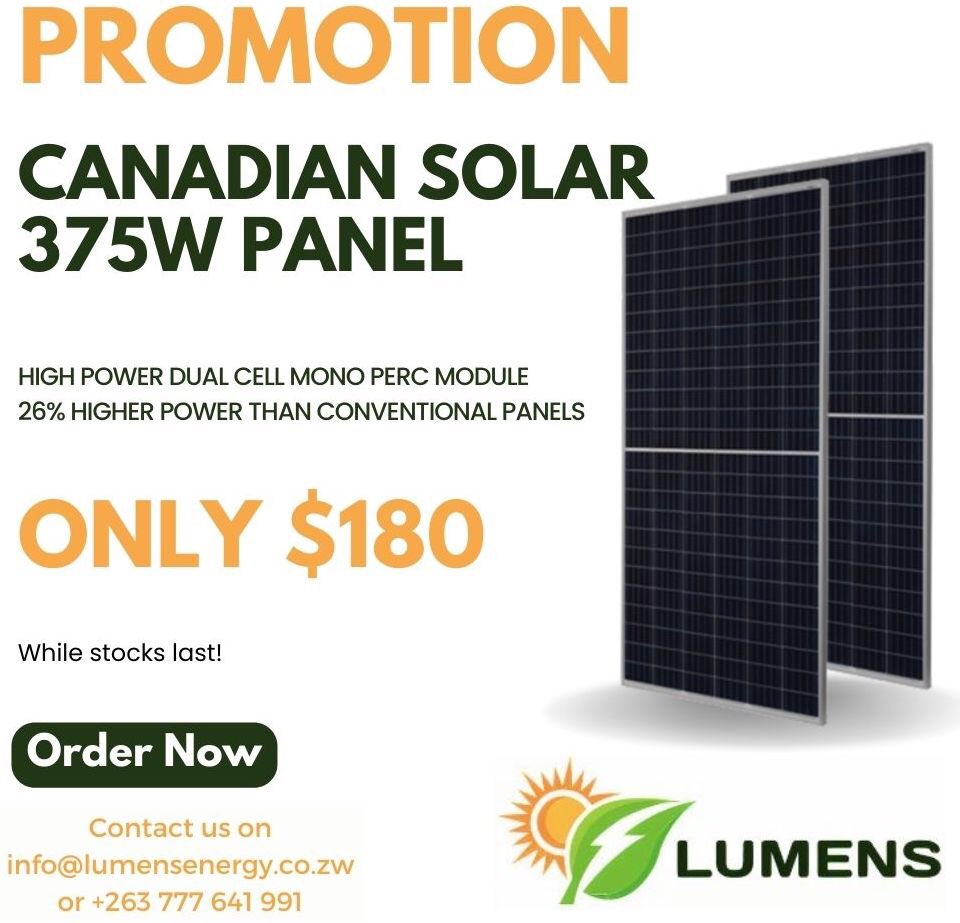 Canadian Solar Panels for sale! 

Contact us on info@lumensenergy.co.zw or +263 777 641 991 for more details