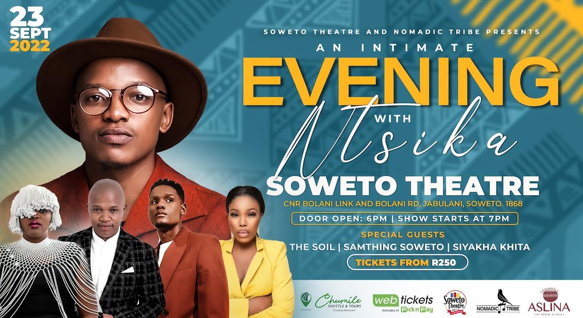 sowetotheatres's tweet photo. Ntsika will be taking the Soweto Theatre stage with his sweet melodies and YOU are invited!

Be in the crowd on 23rd September, for an Intimate Night With Ntsika.

Get your hands on a ticket TODAY: https://t.co/BI9Xav6Z5r

#Nstika #IntimateNight #SowetoTheatre https://t.co/QplUfNFiJe