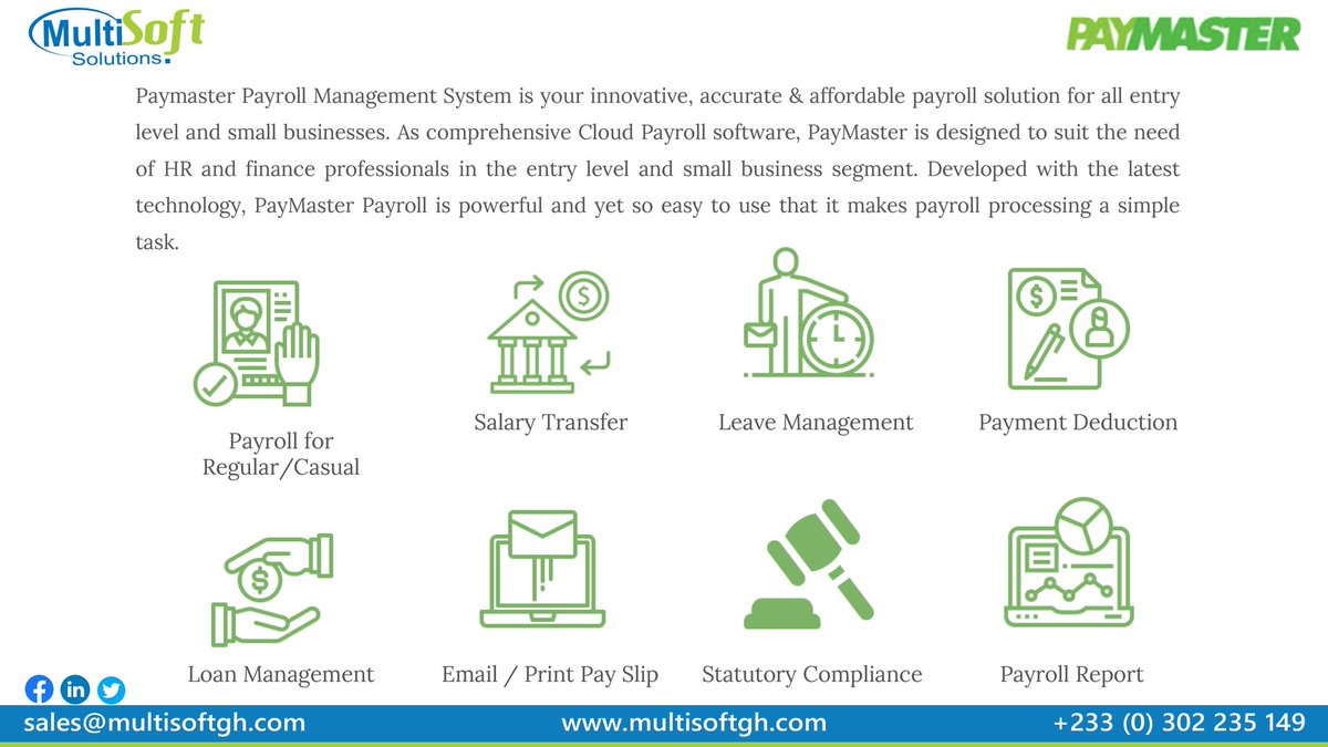 multisoftsolgh's tweet photo. Paymaster Payroll Management System is your innovative, accurate &amp; affordable payroll solution for all entry level and small businesses. PayMaster Payroll is powerful yet cost-effective and so easy to use.

#MultisoftSolutions #PaymasterPayroll
#Softwaresolutions https://t.co/NSh1qX76e0