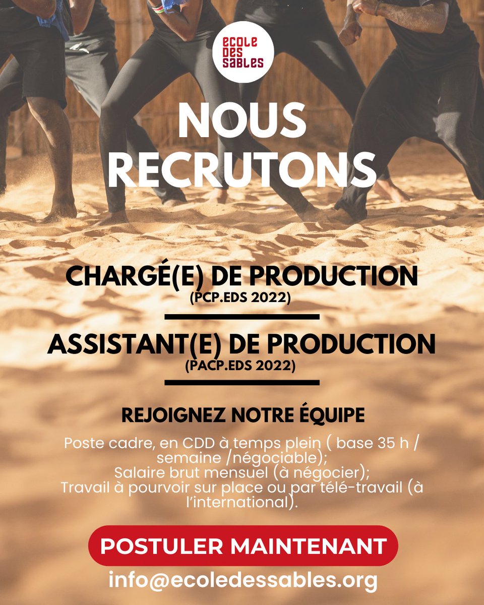 EcoledesSables's tweet photo. L'ÉCOLE DES SABLES RECRUTE !

Nous recherchons notre nouveau
CHARGÉ(E) DE PRODUCTION et ASSISTANT(E) DE PRODUCTION!
Faites partie de notre équipe !
Pour plus d'informations, cliquez ici : https://t.co/dK2nQ61Sgr
POSTULEZ DÈS MAINTENANT !
#EcoledesSables #Recruitment #Team #Job https://t.co/KdjrQjELqi