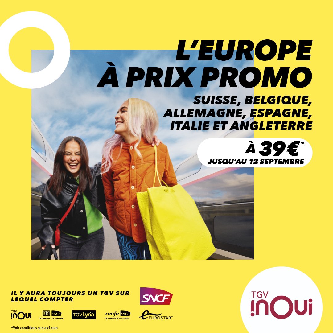 TGVINOUI's tweet photo. Dans la vie, il y a ceux qui voyagent en Europe pour leurs affaires, et ceux qui font des affaires pour voyager en Europe 🙃
Jusqu’au 12 septembre🇨🇭🇧🇪🇩🇪🇪🇸🇮🇹🇬🇧à 3️⃣9️⃣€ avec #TGVINOUI https://t.co/zZJDSGTWOf