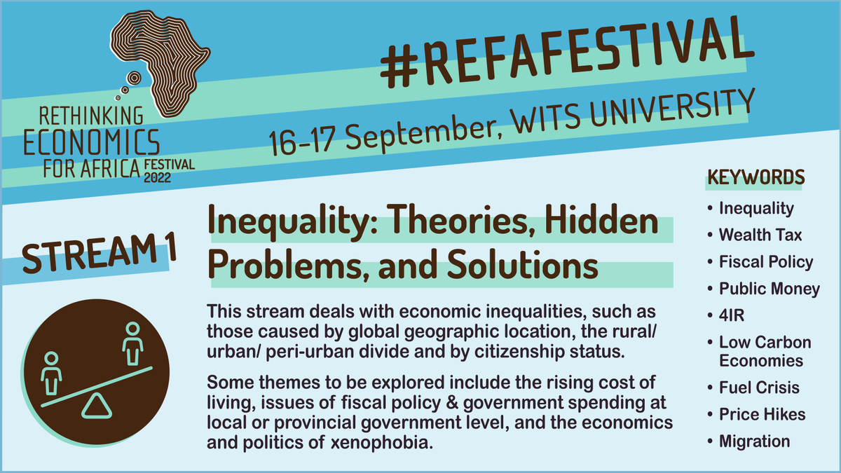 Stream 1 of 5 for this year's in person Rethinking Economics for Africa Festival <a href="/WitsUniversity/">Wits University</a>. We're being ambitious! We've set ourselves a task of conversing on INEQUALITY with you. No biggie! 
If you haven't registered yet, register! ow.ly/TKgg50KEcoE <a href="/REFAFestival/">Rethinking Economics for Africa</a>