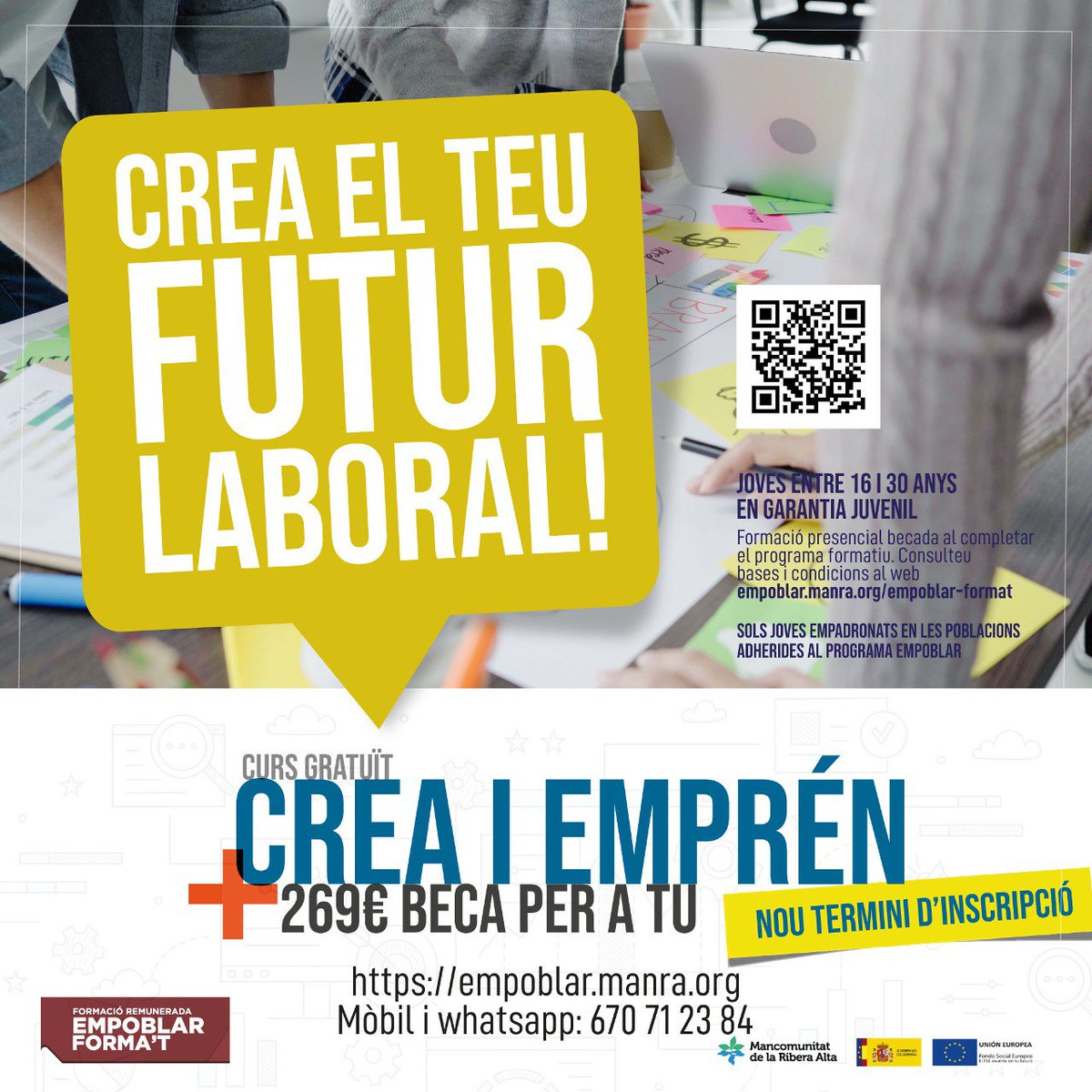EMPOBLAR Forma't.

📌 80 beques disponibles per a la Ribera Alta (269€ en finalitzar la formació)

📆 Preinscripció oberta! empoblar.manra.org/es/empoblar-fo…

📆 Octubre i novembre. Durada de cada curs: 20 dies. Horari de dilluns a divendres de 9h a 14h

📞 Whatsapp 670 712 384