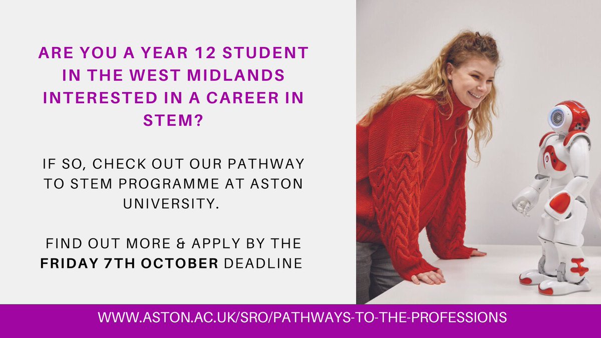 Pathways to the Professions (@astonpathways) on Twitter photo 👨🔬Are you a Yr12 student interested in a career in #STEM? Applications for the Pathway to STEM programme <a href="/AstonUniversity/">Aston University</a> are now OPEN!
Learn how the programme can support your journey into #highereducation and apply at👉bit.ly/3arhCTE 👨🔬Are you a Yr12 student interested in a career in #STEM? Applications for the Pathway to STEM programme <a href="/AstonUniversity/">Aston University</a> are now OPEN!
Learn how the programme can support your journey into #highereducation and apply at👉bit.ly/3arhCTE