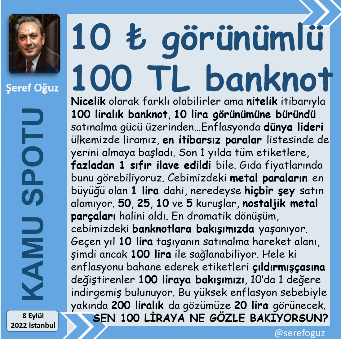 serefoguz's tweet photo. 5 ZEYTİN TANESİ 8 ₺ OLURSA
1-Bir yol restoranında tane zeytin 1 lira 60 kuruş
2-Kiloda 365 zeytin var, bu fiyatla kilosu 584 ₺
3-Cebindeki 10 lira, tadımlık zeytine yetmiyor
4-Enflasyon 100 ₺'nin cakasını değil,
5-Ahlakımızı da bozuverdi
#KamuSpotu #10lira #100lira @serefoguz https://t.co/iQaXkkgfRr