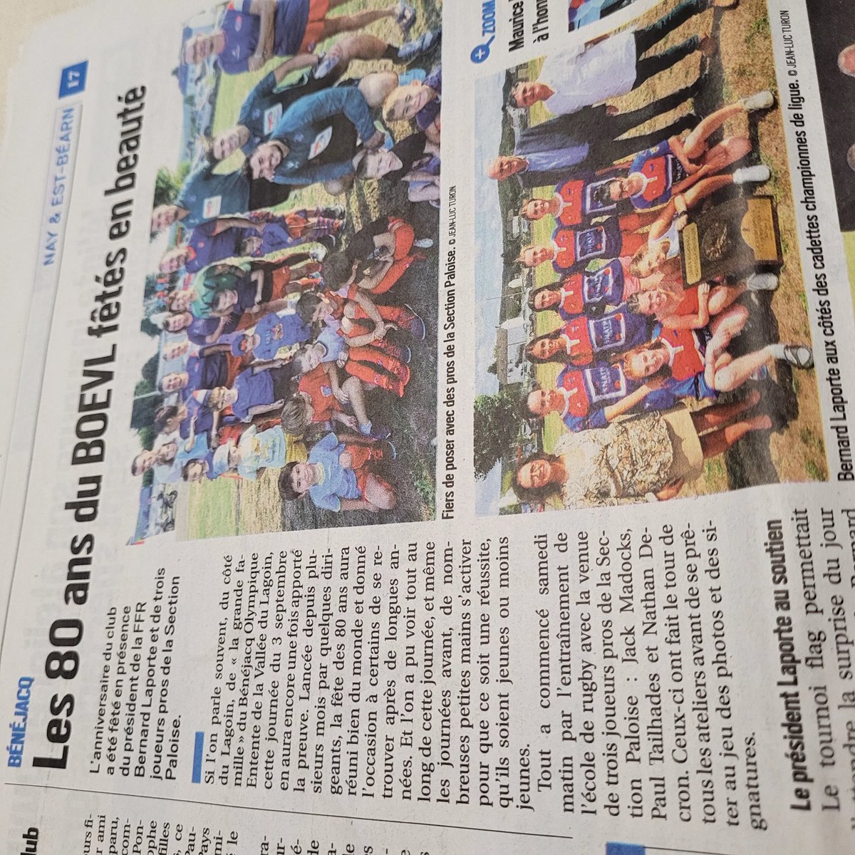 un grand MERCI à la <a href="/SectionPaloise/">Section Paloise Béarn Pyrénées</a>  <a href="/Decron_Nathan/">Nathandecron</a> #JackMadoks et #PaulTailhades pour votre implication à l'occasion des 80 ans de notre Bénéjacq Olympique #BOEVL. Preuve que le Bearn est un territoire de rugby solidaire   #HunhaSection #HunhaBOEVL <a href="/LaRepDpyrenees/">La Rép des Pyrénées</a>