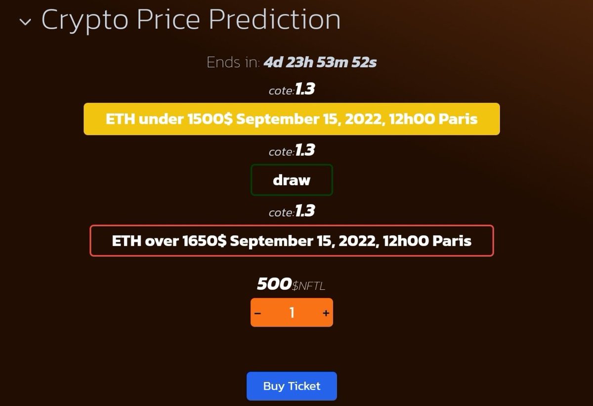 #TheMerge #ETHPOW #staking #Ethereum 
#ETH price prediction on #BSC 
September 15, 2022, 12h00 Paris

5 Days to choose your #tickets 
( bet max : 50 000 $NFTL per wallet )
Draw = ETH Between 1500$ / 1650$

💫Share  
5 winners 200 $NFTL