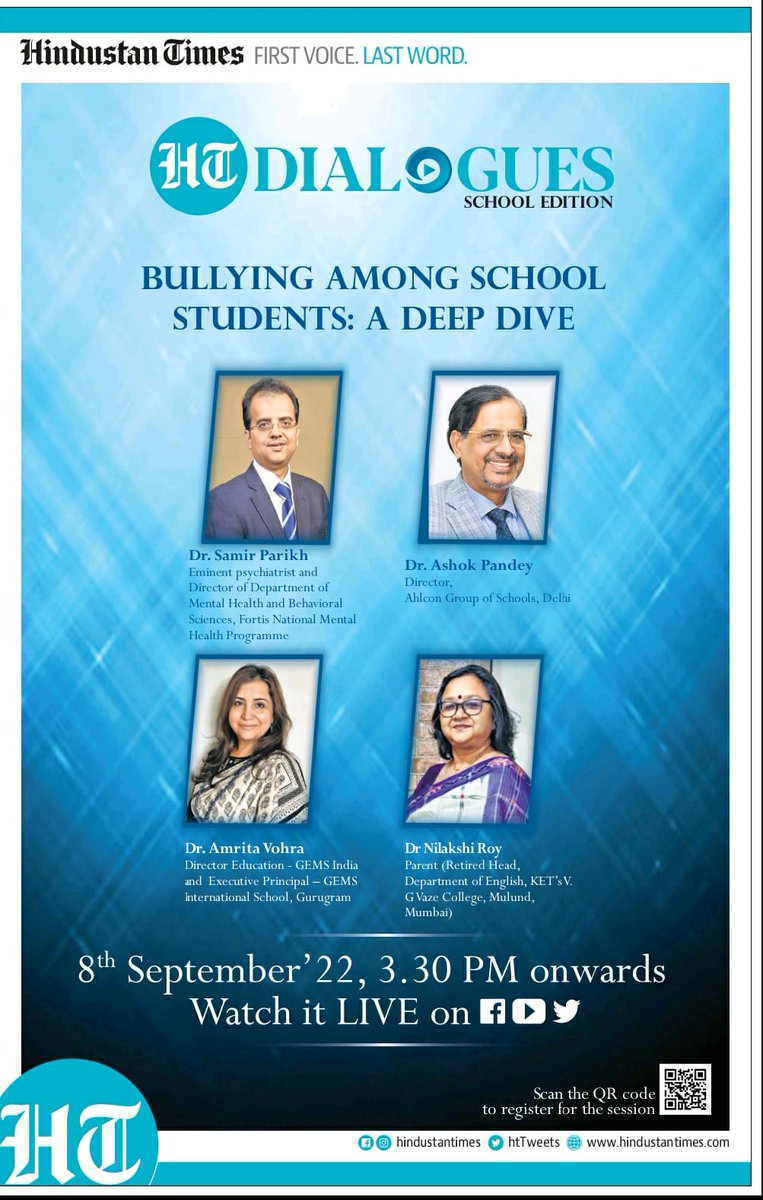 GMSgurugram's tweet photo. #HTSchool #HTDialogues
Catch the session LIVE in conversation with experts & principals from top schools as they discuss 'Bullying in School Students: A Deep Dive'
September 8th, 3:30 PM onwards https://t.co/vEBfrF0hdS