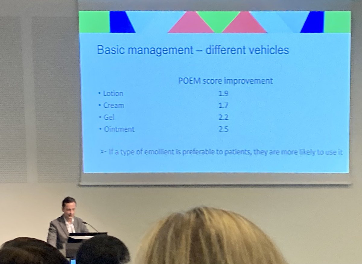 EVandersichel's tweet photo. “If a type of emollient is preferred by the patient, they are more likely to use it” Prof. Matthias Schmuth encouraging us to listen to the patient when treating #atopicDermatitis @eadv https://t.co/Ztp4hiVGIu