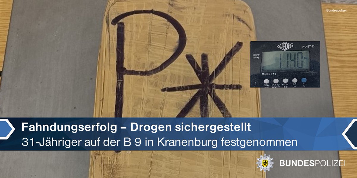 bpol_nrw's tweet photo. Fahndungserfolg - 31-Jähriger #Niederländer mit 1,14 #Kilogramm #Kokain im Wert von 83.000 #Euro auf der #B9 in Kranenburg festgenommen. Der #Zoll hat die Ermittlungen übernommen. Die Untersuchungshaft wurde angeordnet.
🗞️Zur Pressemitteilung:
https://t.co/oxM3WWVY67
*Eß. https://t.co/VBjF6ItPiY