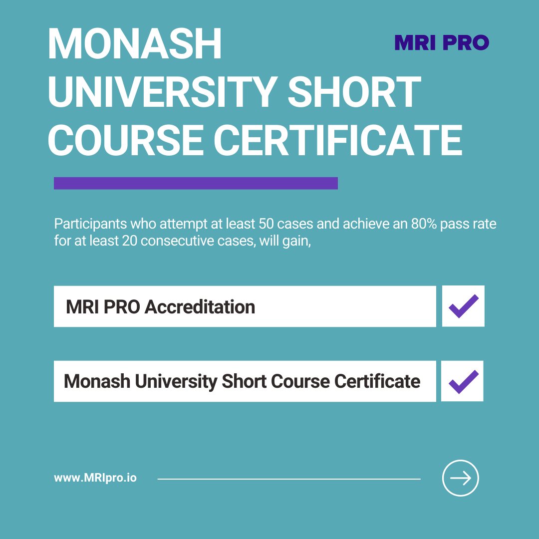 Our #MRIPRO short course at Monash University allows our students to view 10 hours of recorded webinars and 30 additional curated learning resources. They will then be credited through,

📚 MRI PRO Accreditation
📚 Monash University Short Course Certificate