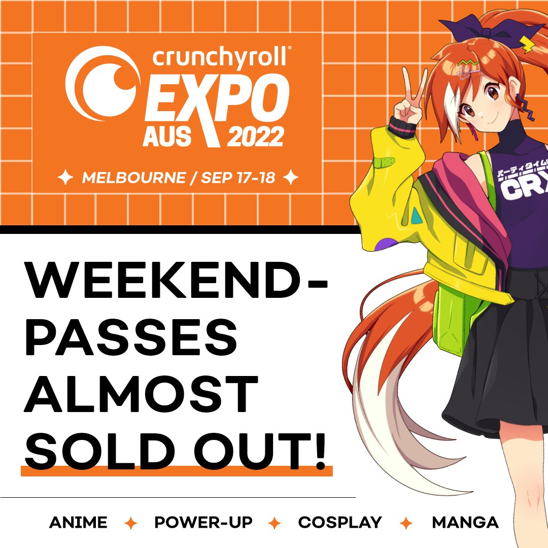 crx_aus's tweet photo. Joining us for Crunchyroll Expo Australia 2022? 🥰

Be sure to grab your tickets ASAP, as our Weekend passes and Sunday tickets are almost SOLD OUT!
✨ https://t.co/glgv8K9MN3 https://t.co/DLmlpb50hM