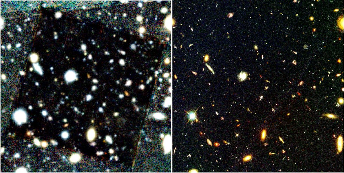 astrobellatrix's tweet photo. Just can't stop looking at the newest MUSE Deep Fields from MUSCATEL on the Hubble Frontier parallels (soon with JWST!). Left MUSE reconstructed BVI, right HST F435W,F606W,F814W. You can see stuff down to 26th-27th mag easy. And of course every pixel has a spectrum! https://t.co/68j1HMyQWV