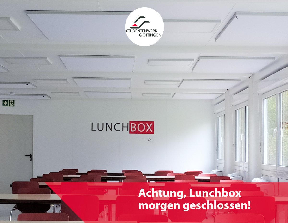 Unsere LUNCHBOX auf dem NORDCAMPUS kann morgen, am Freitag, 9. September 2022, leider nicht öffnen, da an diesem Tag wichtige Elektroarbeiten für die benachbarte Nordmensa stattfinden, in der die Sanierung vorangeht 🙂
Wir danken für euer Verständnis !