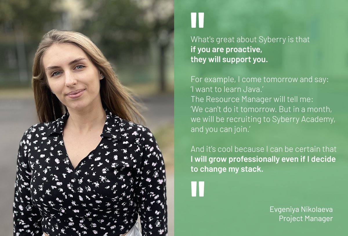 SyberryCorp's tweet photo. Evgeniya Nikolaeva came to Syberry in 2020 as a data integration #engineer. She grew into the lead of data integration engineers, and then a project manager. Evgeniya reflected on what allowed her to grow and change #career paths in Syberry: https://t.co/0EDbGKOZAY