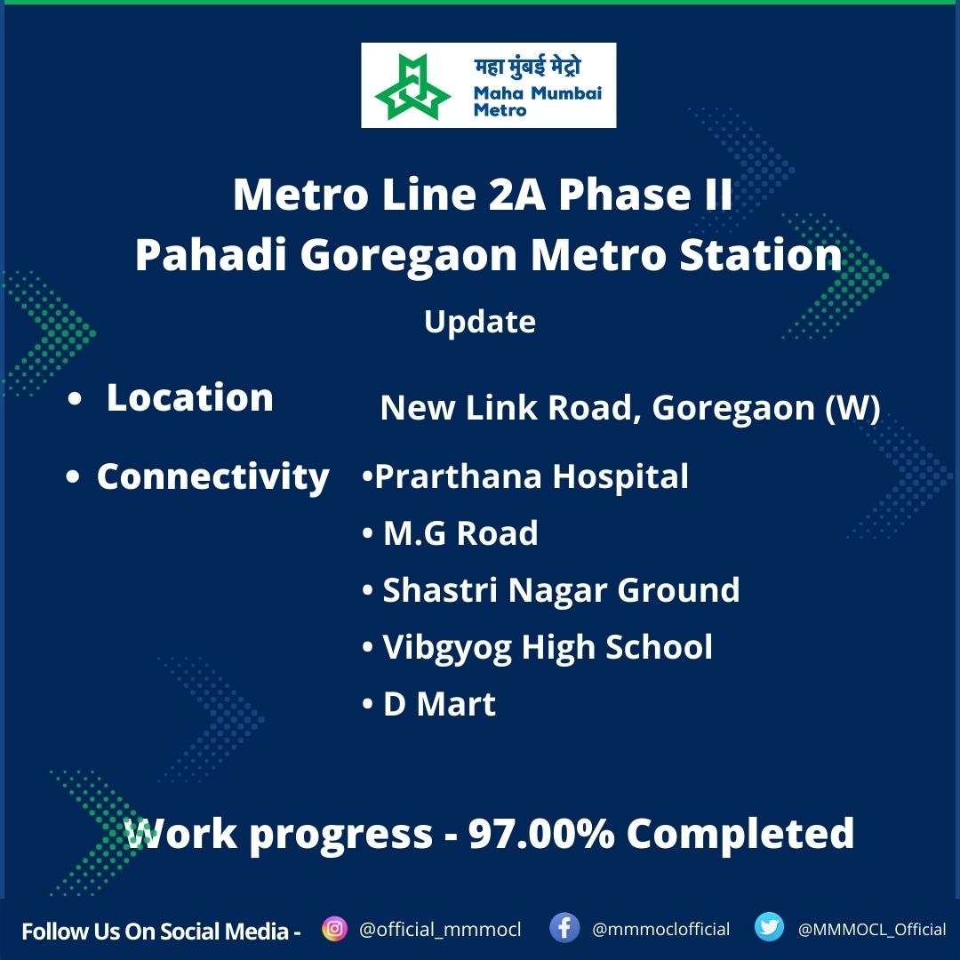 MMMOCL_Official's tweet photo. #PahadiGoregaon metro station on #line2A between #Valnai-#Andheri(W) gives connectivity to #PrarthanaHospital, #MGRoad, #ShastriNagar, #VibgyorSchool, which is on #NewLinkRood. Station work is 97% completed. #MumbaiInMinutes https://t.co/uxo8HqPX0t