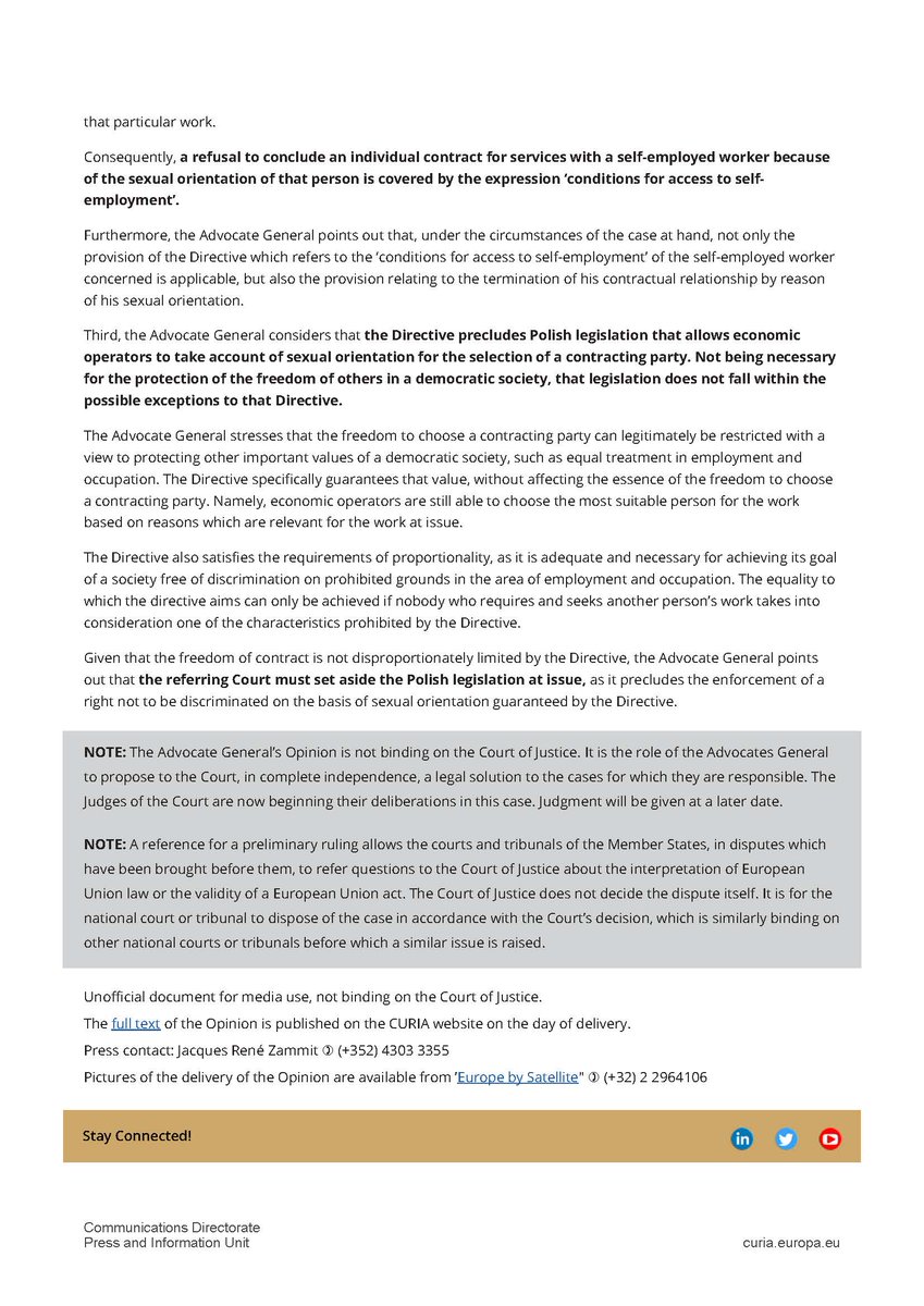 EUCourtPress's tweet photo. #ECJ #AG Ćapeta: #SexualOrientation cannot justify the refusal to conclude a contract with a self-employed worker #discrimination 👉 https://t.co/ATb3CgbPxg https://t.co/K1VKM3yKyF