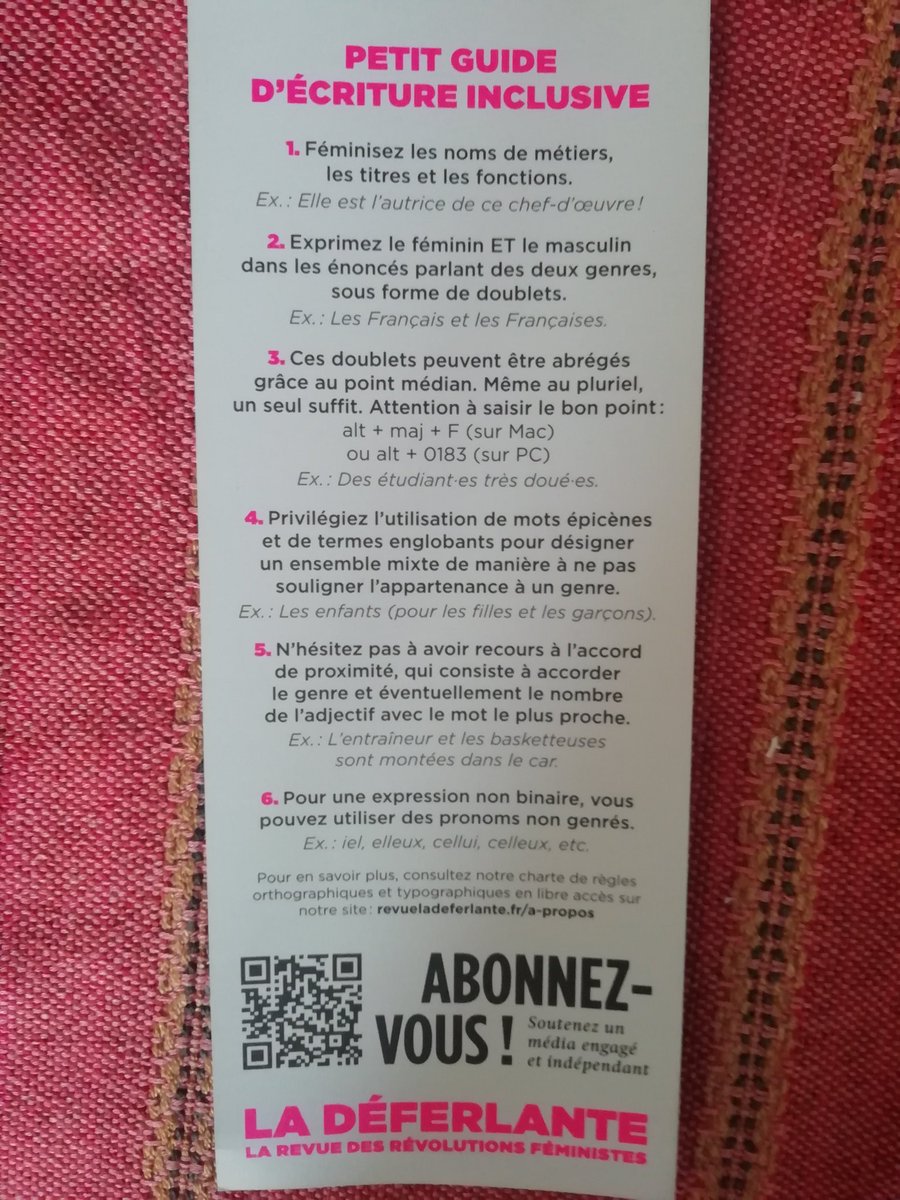 Pour celleux qui pensent que l'écriture inclusive c'est trop compliqué, cela tient en un marque page. Merci <a href="/deferlanterevue/">La Déferlante</a>