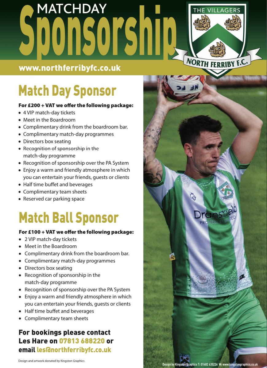 All match sponsor packages have been taken for the season, but we do still have availability for ball sponsors! 

If you are interested, please email les@northferribyfc.co.uk to enquire! 💚