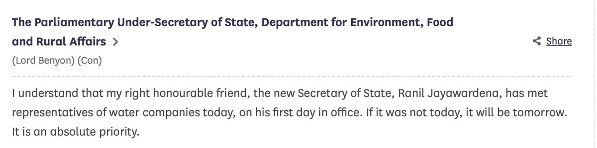 Feargal_Sharkey's tweet photo. I see from the @UKHouseofLords Hansard, @RichardHRBenyon, that the new Secretary of State for the Environment @ranil has or is about to meet with "representatives of the water companies".

Just to let him know I'm available any time after that. https://t.co/vmVfvEqYeE