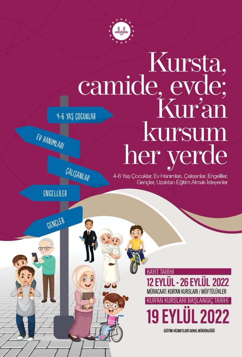 Ülke genelindeki bütün Kur'an Kurslarımızda 2022-2023 eğitim öğretim yılı 19 Eylül 2022 tarihi itibariyle başlıyor.

"KURSTA, CAMİDE, EVDE; 
KUR'AN KURSUM HER YERDE"

#KuranaHizmetŞereftir
#ehadakademi
#kursumheryerde
<a href="/DIBAliErbas/">Prof. Dr. Ali Erbaş</a>
<a href="/Dib_Egitim/">DİB - Eğitim Hizmetleri Genel Müdürlüğü</a>
<a href="/dinckadir43/">Kadir Dinç</a>