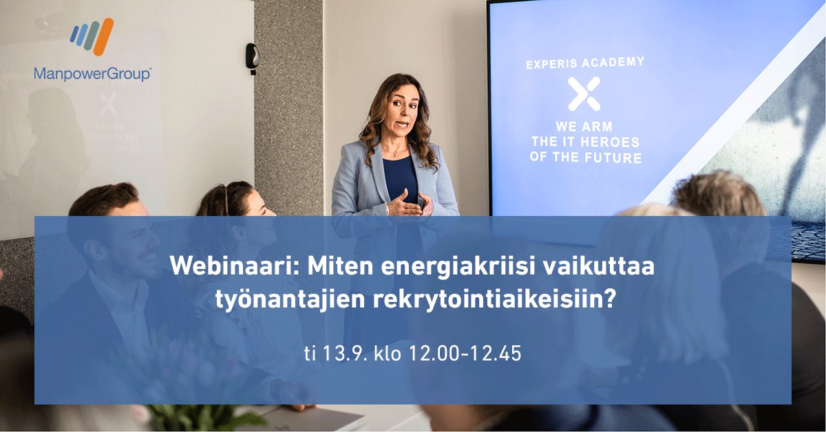 Miten energiakriisi vaikuttaa työnantajien rekrytointiaikeisiin? Webinaarimme ti 13.9. klo 12.00–12.45 paljastaa työllistämisaikeet loppuvuodelle Suomessa ja maailmalla. Ilmoittaudu nyt! 👉 hubs.ly/Q01lJBDR0 #työelämä #työmarkkinat #työllisyys #työmarkkinabarometri