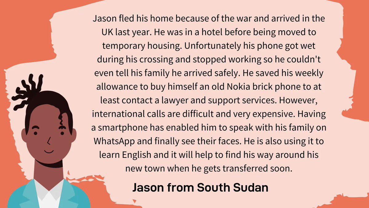 REFEO_UK's tweet photo. When Jason left South Sudan, his phone got wet and stopped working, cutting him off from his family and making it harder to contact lawyers and other supports whilst in the UK.

Through our friends at @Care4Calais we gave him a smartphone so he can stay connected. https://t.co/E3ICSRghWt