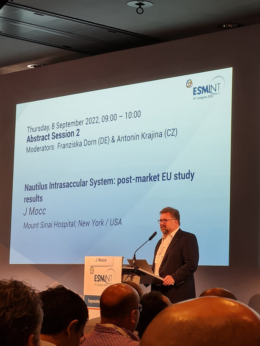 .@SNISinfo president @JMoccoMD presents several cases with the Nautilus intrasaccular system - and an adequate occlusion rate of 94% at 3-6 months of follow-up (RR1+2) across 38 global patients thus far #ESMINT2022 @esmintsociety