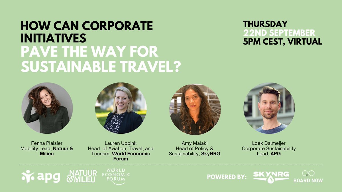 Can corporate travel initiatives pave the way for sustainable travel?🗺️ Join our speakers from @wef, @NatuurenMilieu, @APG_News and SkyNRG at @BoardNow_ 's upcoming Climate Week webinar to find out! Sign up here ➡️ bit.ly/3B8dxyp