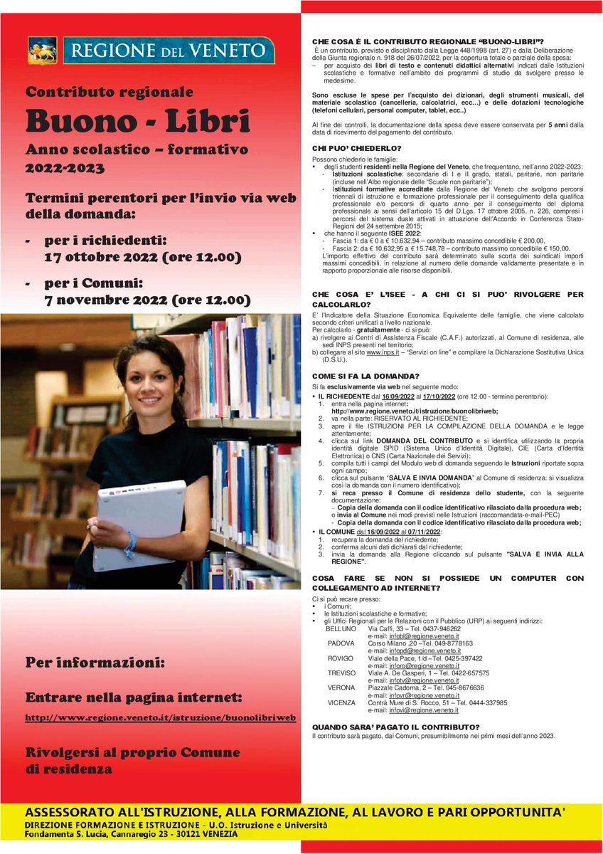 #buonolibri20222023:  da venerdì 16 settembre alle ore 12.00 di lunedì 17 ottobre è possibile presentare, via web, la domanda sul sito della Regione Veneto

Destinatari: studenti scuole secondarie residenti Comune #Dolo con ISEE fino a 15.748,78euro.
Info: tinyurl.com/mr48xzsm