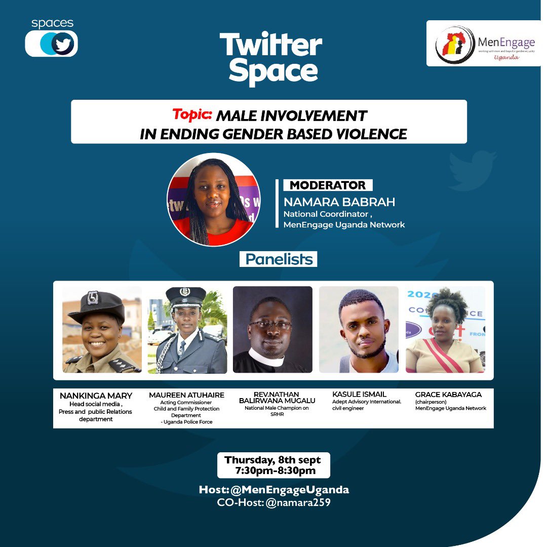 Don’t miss tonight’s wonderful conversation on #maleinvolvement on Ending #GBV  at 7:30pm on twitter.com/i/spaces/1OdKr…