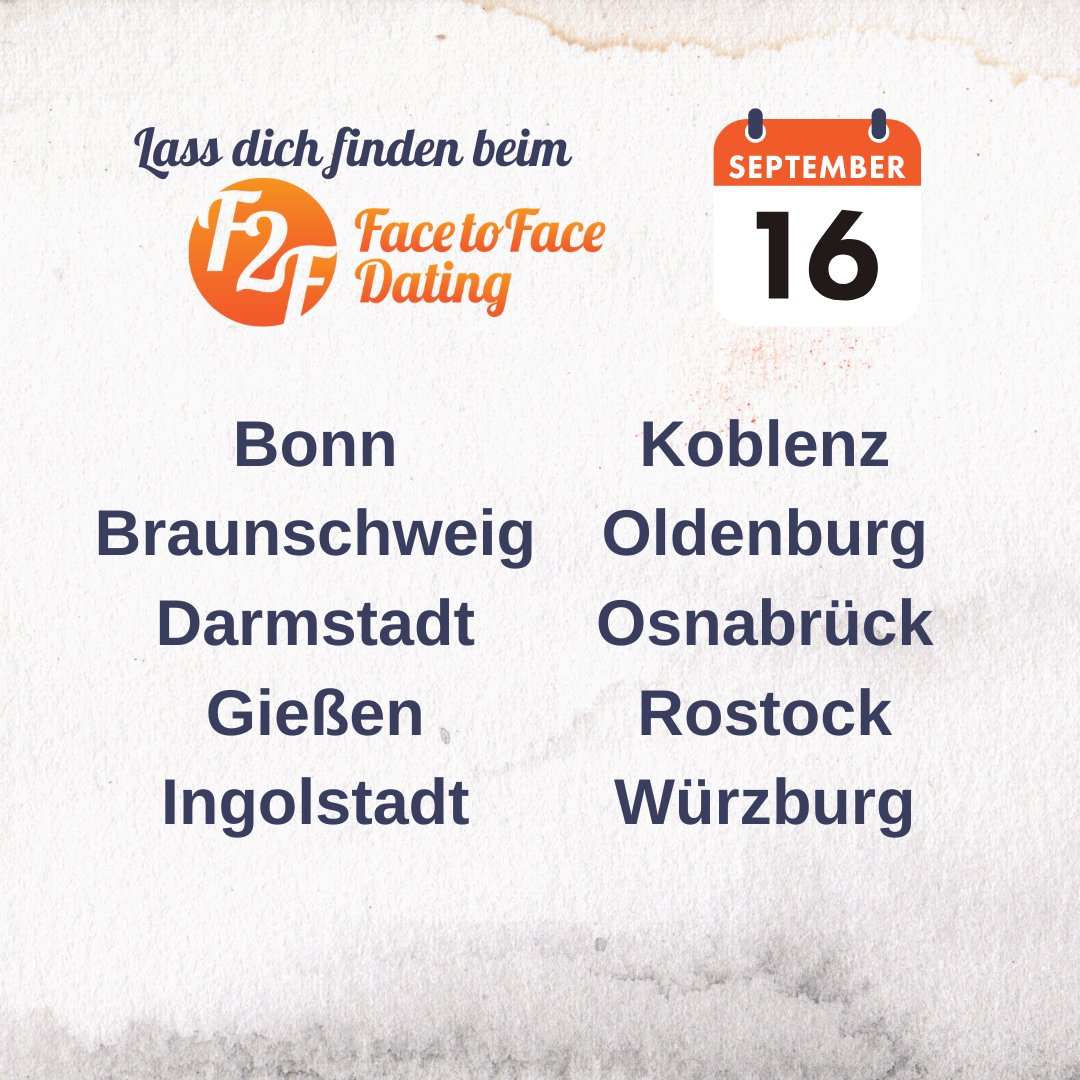 F2Fdating's tweet photo. Entspannte Partnersuche für alle Altersgruppen! Am 16.09. in: #meinbonn #braunschweigcity #darmstadtcity #giessencity #ingolstadtcity #koblenzcity #oldenburger #oldenburgcity #osnabrück #osnabrückerland #würzburgcity #würzburgerleber 
Jetzt anmelden https://t.co/yg8C3dXShv https://t.co/opmX540GU8