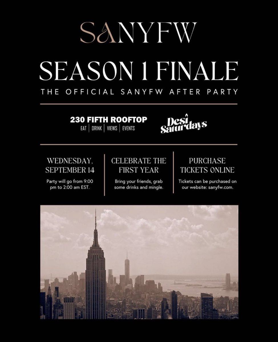 Tickets for our official after party are on sale! Come celebrate the end of our first season in typical NYC style... At a rooftop! 

eventbrite.com/e/sanyfw-seaso…

#sanyfw #southasianfashion #nycevents