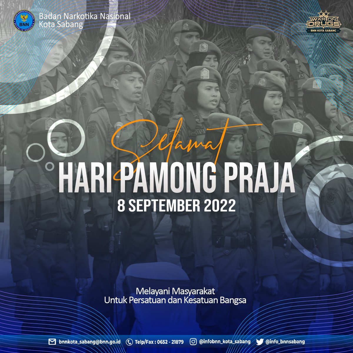 INFO_BNNSABANG's tweet photo. [Selamat Hari Pamong Praja]

Tetap semangat dalam mengayomi dan melayani masyarakat. Jaya Satuan Polisi Pamong Praja!
Jaya Indonesiaku!

@infobnn_ri
@infobnn_prov_aceh
@satpolpp_whsabang

#warondrugs
#bnnkotasabang
#bnnksabang
#humasbnnkotasabang
#sabangbersinar
#pamongpraja https://t.co/NHt7XveRDw