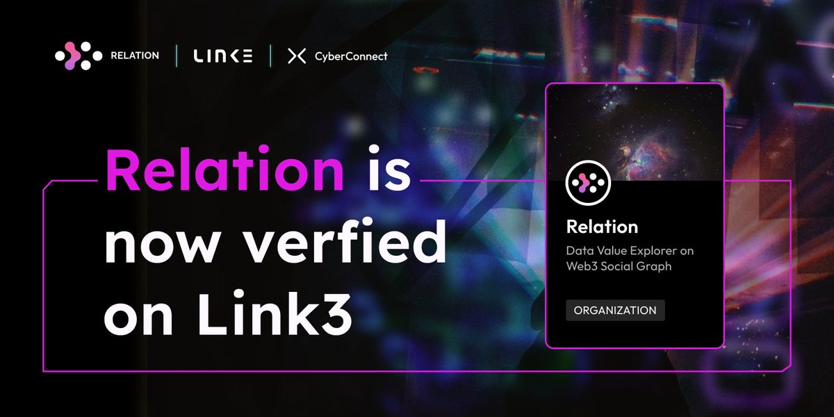 Glad to announce that Relation is now verified on <a href="/link3to/">Link3</a> by <a href="/CyberConnectHQ/">(Deprecated) CyberConnect</a>.

link3.to/relation

🪂We are giving away 5 invitation codes in 3 days

-72H
-Like, RT, and tag 3 friends
-Follow <a href="/relationlabs/">Relation</a> and <a href="/CyberConnectHQ/">(Deprecated) CyberConnect</a> 

#Giveaways #Airdrops