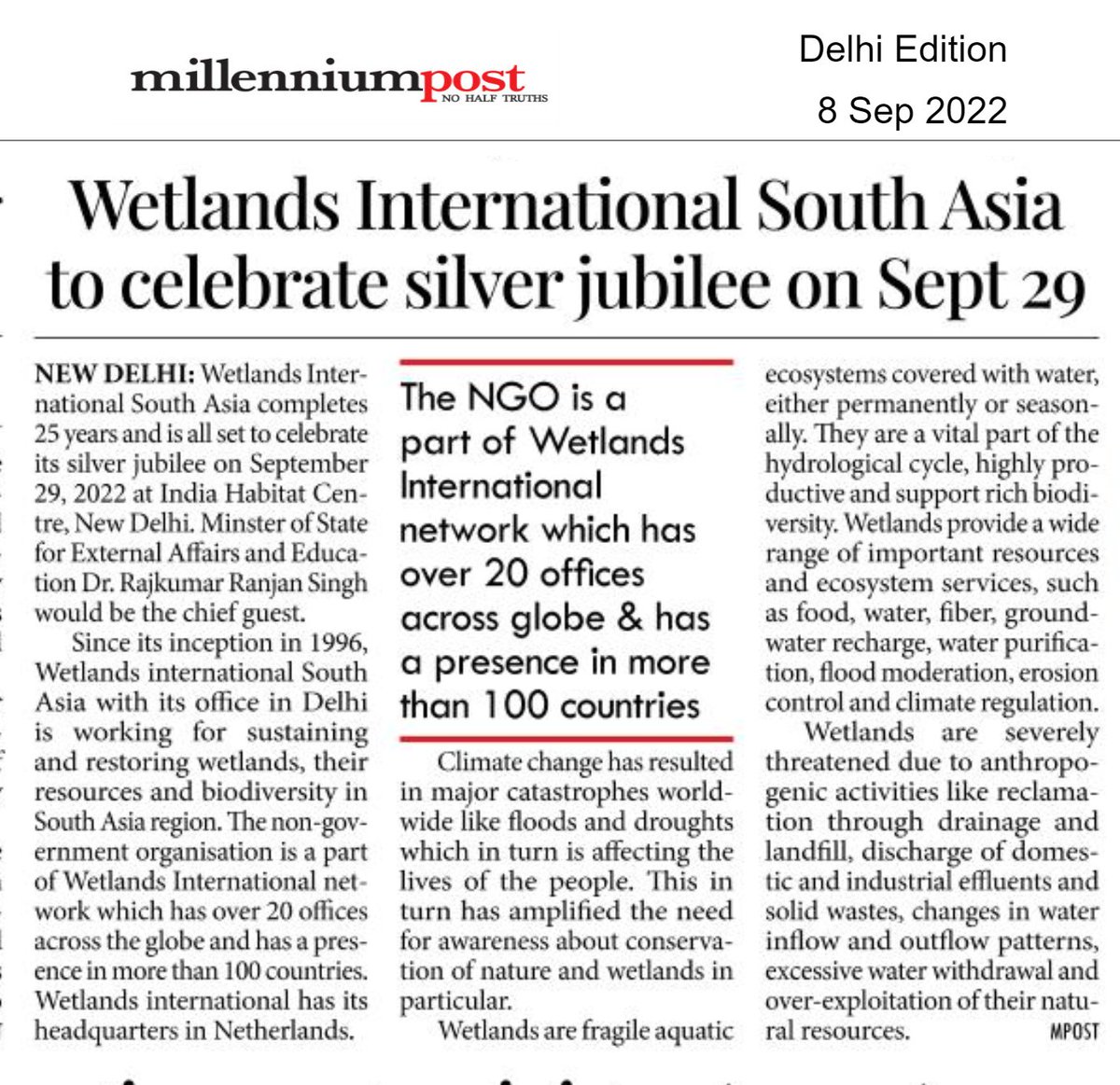 #HardWorkPays Wetlands International South Asia completes 25 years and is all set to celebrate its #SilverJubilee on September 29, 2022 at India Habitat Centre, New Delhi. 
Lock your dates!
Read More 👇
millenniumpost.in/business/wetla…
