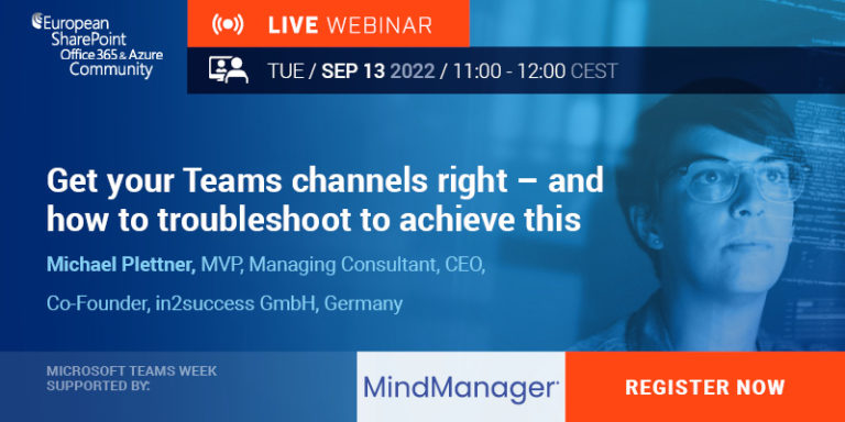 in2success_de's tweet image. Get your #Teams channels right – doch wie? Das erklärt euch @plemich im @EuropeanSP #CommunityWebinar am 13.09.2022 um 11 Uhr, in dem er über Standard, Private und #SharedChannels &amp;amp; #Troubleshooting spricht.

Jetzt anmelden: ow.ly/FXTm50KCGS3

#ESPC22 #sharepoint #office365