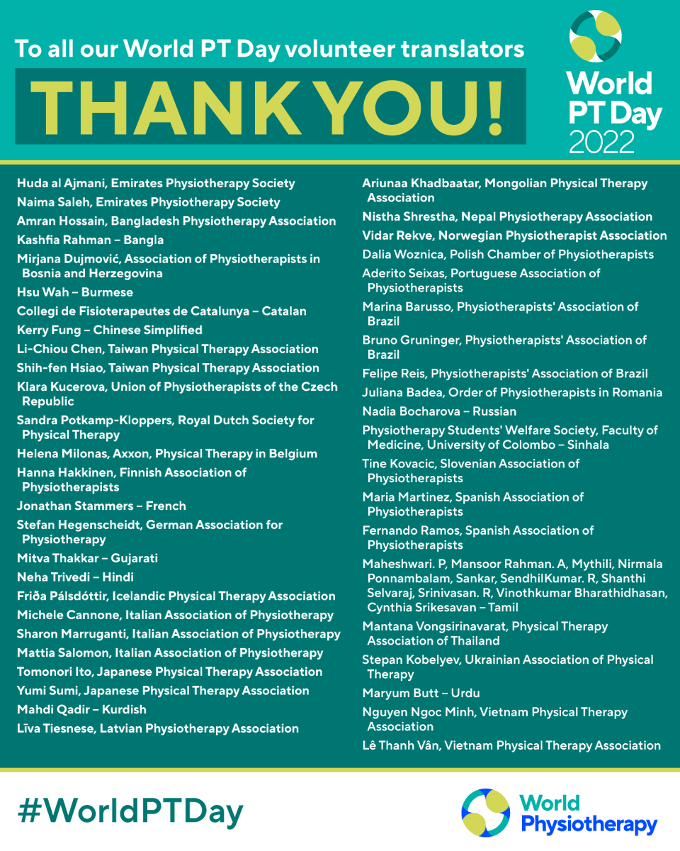 WorldPhysio1951's tweet photo. Thank you to all our volunteer translators who have helped us make the #WorldPTDay materials available in 38 languages

#GlobalPT
@AWcpta @WorldPhysioAWP @ERWorldPhysio @WorldPhysioNACR @WorldPhysioSAR https://t.co/FO0Psr2wNV