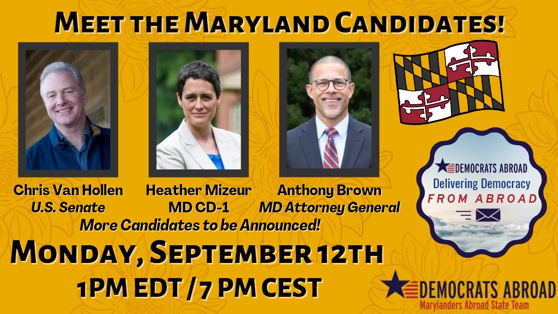 demsabroadbe's tweet photo. Our @StatesAbroad team is on 🔥!
Next up in the series of #MeetTheCandidate events, we have #Maryland!
RSVP here: https://t.co/b2XmJ5cP8w to hear from @VanHollenForMD, @heathermizeur, @BrownforMD, and more!
@mddems #demcastMD
#DemsAbroad - #DeliveringDemocracy from Abroad. https://t.co/5ViPxTPIFr