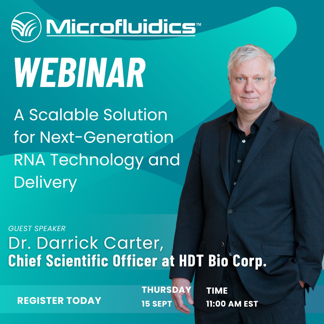 Join Us Sept. 15th at 11:00 AM (EST) 

Our distinguished guest speaker, Chief Scientific Officer at HDT Bio Corp., Dr. Darrick Carter will present:
 
A Scalable Solution for Next-Generation RNA Technology and Delivery

Register TODAY

hubs.la/Q01lNzKr0

#NextGenRNATech