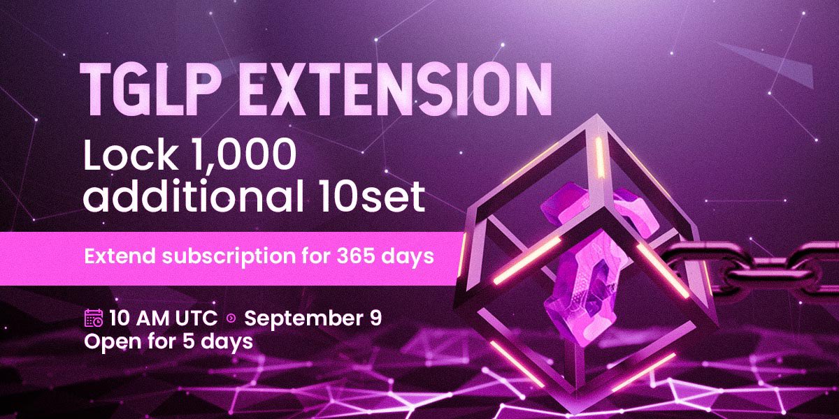 Redacted_TenseT's tweet photo. TGLP extension opens 10AM UTC September 9!

Lock 1,000 additional 10set and prolong your subscription by 365 days! 🔒

LAST CHANCE to extend sub before @alaska_game seed sale + TGLP NFT auction 💎

Open for 5 days, current #TGLP subs can extend in advance of their lock expiring. https://t.co/xSoXHS05a2