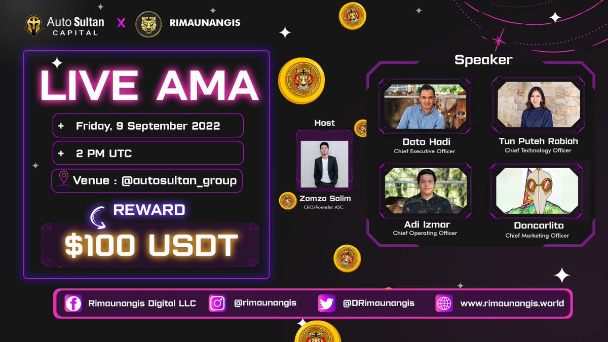 🔥We Present the Next #AMA with  
<a href="/DRimaunangis/">RN</a> 🐯

🎁Reward : $100 USDT
📆 : 09 Sept 2022
⏰ : 02.00 PM UTC/21.00 WIB
🏨 : LIVE 🎙 on t.me/autosultan_gro…

📌Rules : 
Follow, Like Retweet &amp; Comment Your Questions (3 Questions Max) Tag 3 friends.