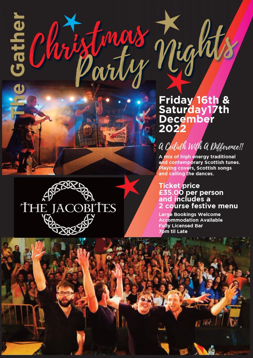 We are very excited about our Christmas Party Nights coming to The Gather this December.  We had the pleasure of seeing The Jacobites perform at one of our Summer weddings and WOW!  Take a wee peek & get in touch if you would like any further information. 
01880 739215
#Kintyre66