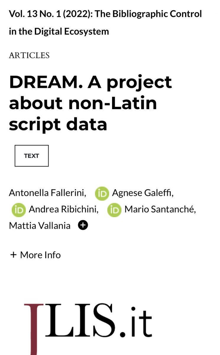 📍A. Fallerini, <a href="/AgneseGa/">Agnese Galeffi</a> A. Ribichini, M. Santanché, M. Vallania ➰ DREAM. A project about non-Latin script data 📂 V.13, n.1 2022 JLIS.it jlis.it/index.php/jlis… #cataloguing #transliteration