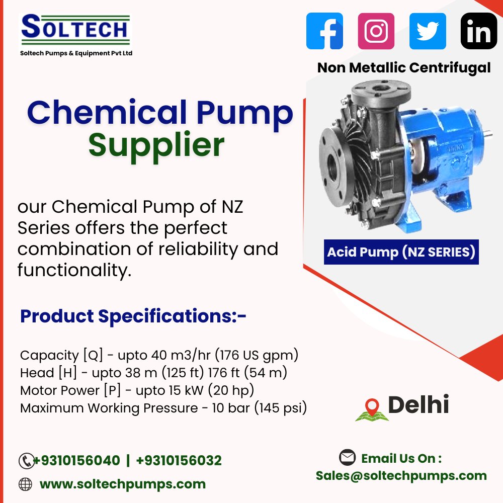 We offer's Best Chemical Pump Supplier In Delhi. As all Industries require Pumps to Acid Transfer or Circulate Acids and Chemicals. 
#soltechpump #chemicalpump #centrifugalpump
Email Us On : Sales@soltechpumps.com
Website - soltechpumps.com
Call -  9310156040
