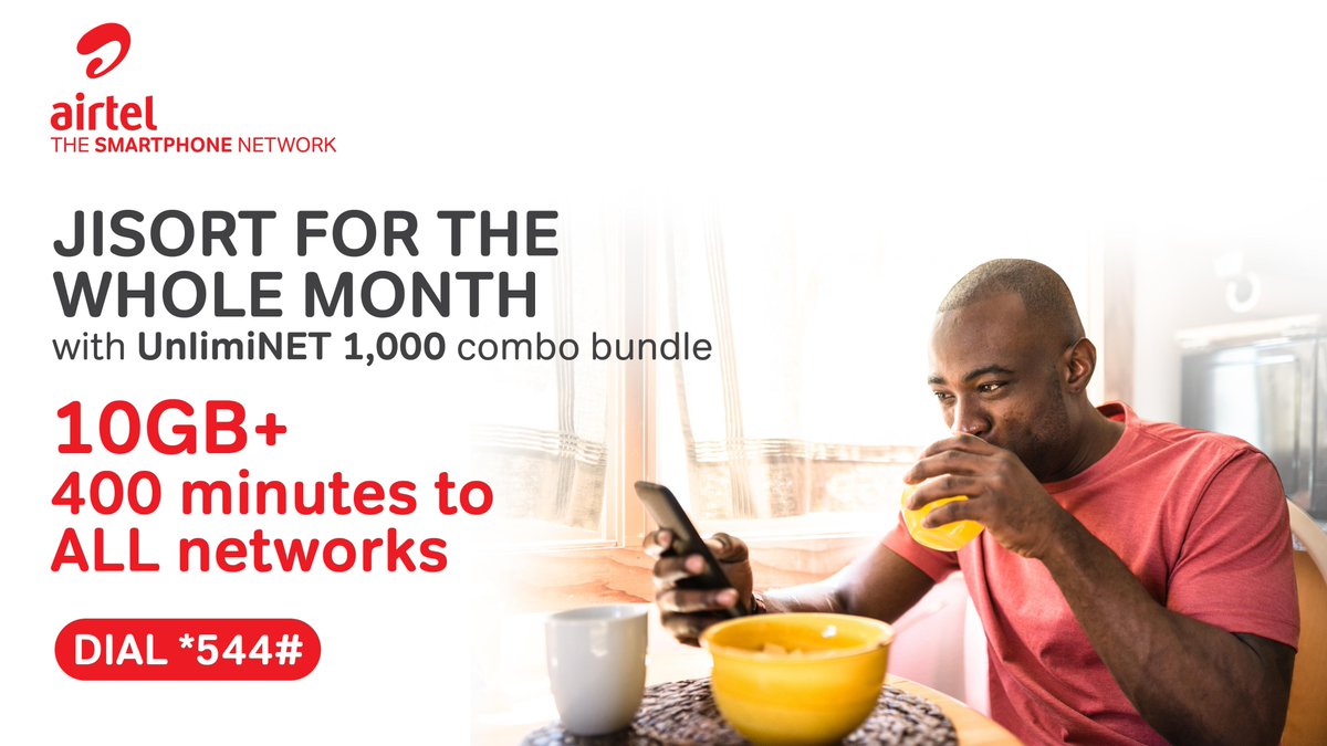 AIRTEL_KE's tweet photo. Get sorted one time for the whole month na #UnLimiNET combo for just 1,000 BOB. Enjoy 10GB plus 400 Minutes to all networks. Dial *544# to get started. #DataIsLife #Airtel4G https://t.co/SwccZLMmOt