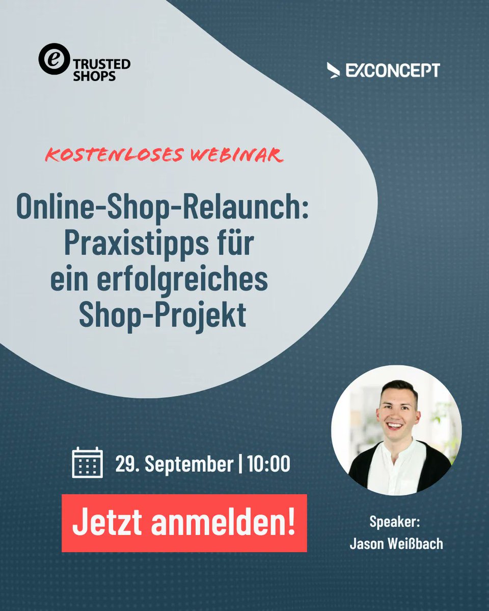 EXCONCEPT's tweet photo. Verpasst nicht unser #Webinar mit @trustedshops 🤩 Hier bekommt ihr wertvolle Praxistipps zum Thema Online-Shop-Relaunch & erfahrt, welche Fallstricke es gibt.
👉 Kostenlos anmelden: https://t.co/qOYQMHw69s
🗓️ Wann? 29. September um 10:00
#onlineshop #relaunch #shoprelaunch https://t.co/cOniyd7SW6