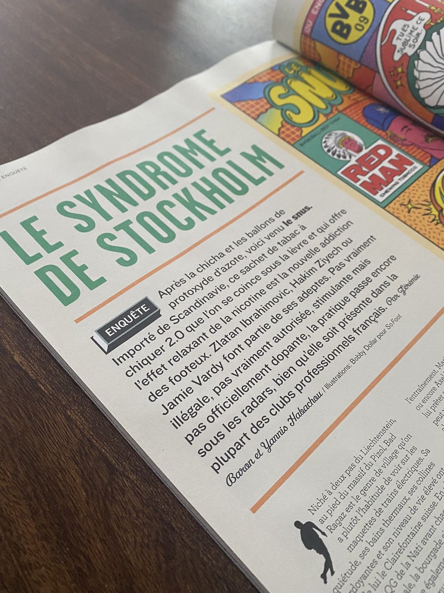 Très (très) très content de publier notre enquête avec le boss <a href="/BaronJerem/">Jérémie Baron</a> dans le dernier <a href="/sofoot/">SO FOOT</a>. On y parle de snus, d’addiction, de réseaux sociaux et même un peu de ski 👀 Courez l’acheter, ça fera plaisir à ma mère ✅