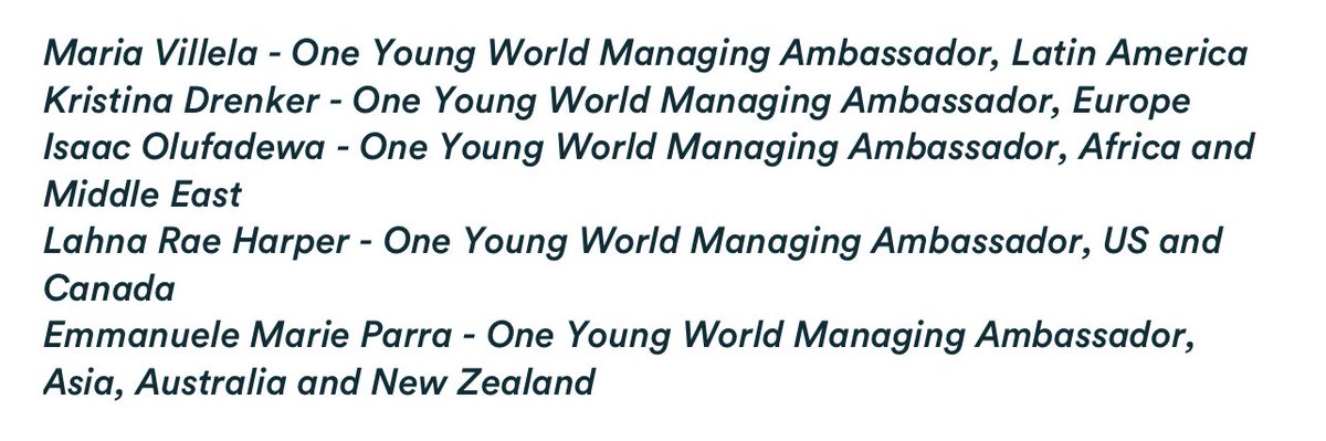 Celebrating our Managing Ambassadors 
<a href="/OneYoungWorld/">One Young World</a>—Maria, Kristina, Lahna, Isaac, Emmanuel—and the incredible impact that they have for the community. Reach out and connect to share what you are doing in the social impact space so that we can track our global impact! #OYW2022