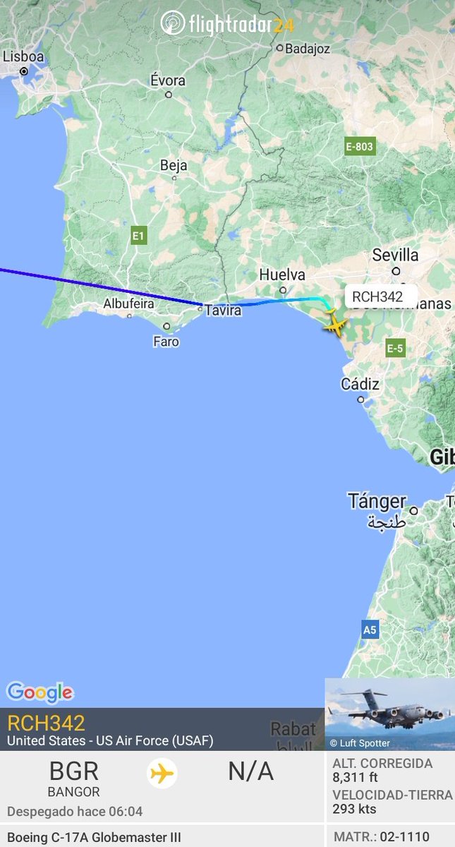 MilRadar's tweet photo. 🇺🇲 #USAF C-17A Globemaster III 02-1110 del #62ndAW en descenso hacia #Rota procedente de #Bangor #Maine #USA https://t.co/7ekOmLuU0J